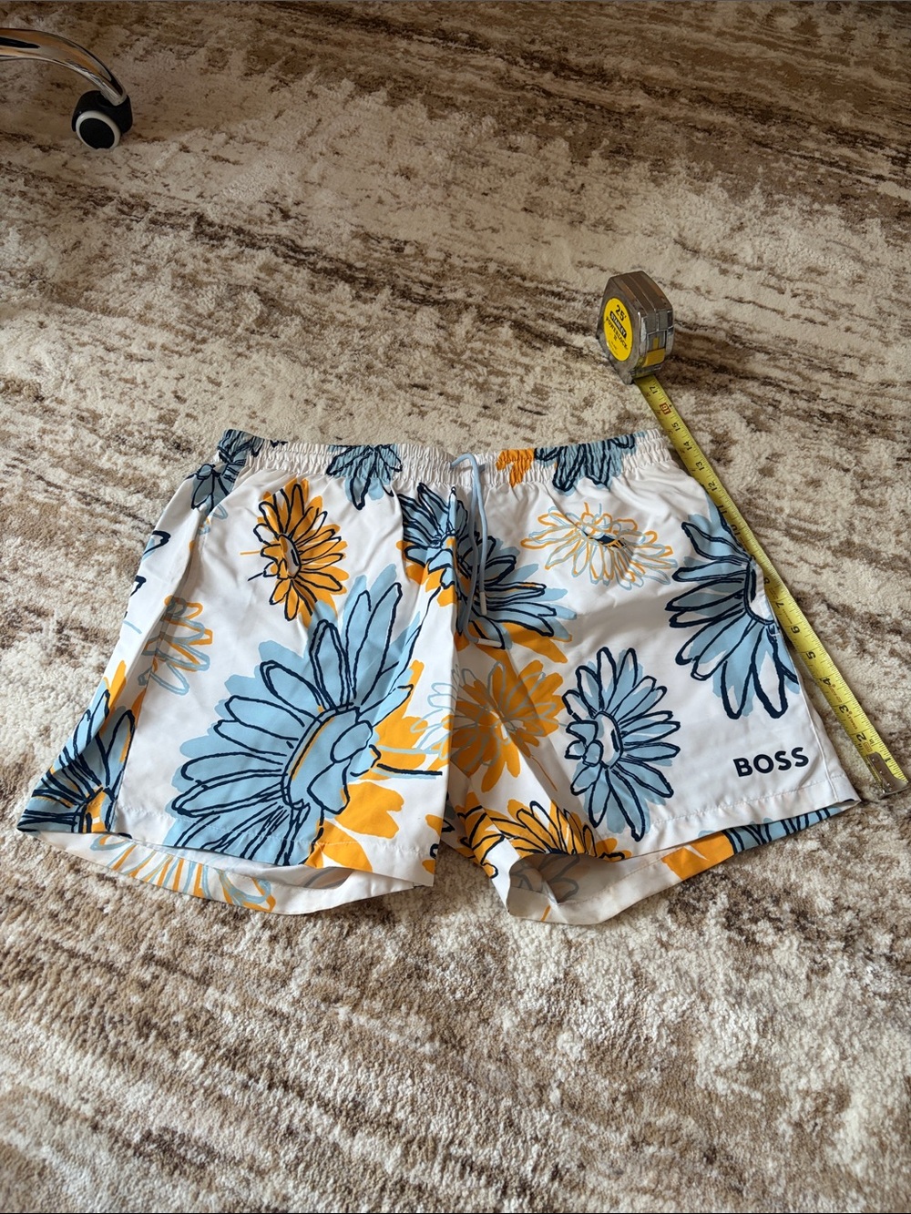 BOSS White Floral Swim Trunks with Blue & Yellow Blooms flower size large